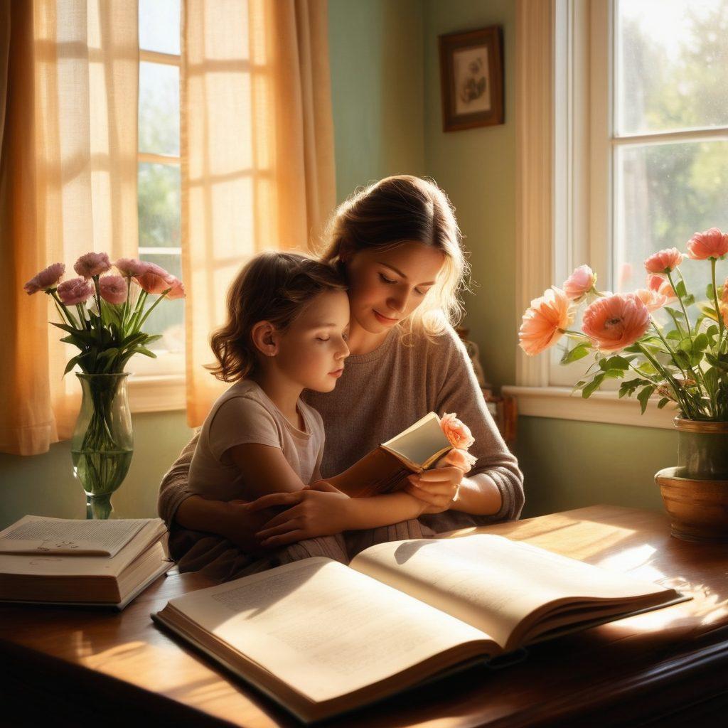 A tender yet thought-provoking scene showing a mother and child sitting together in a sunlit room, surrounded by symbolic objects like an open book on relationships and flowers representing intimacy. The atmosphere conveys both warmth and complexity, blending elements of innocence and depth. Subtle shadows play around them, hinting at unspoken emotions and societal norms. The background should be softly blurred to emphasize their connection. super-realistic. soft pastels. warm lighting.