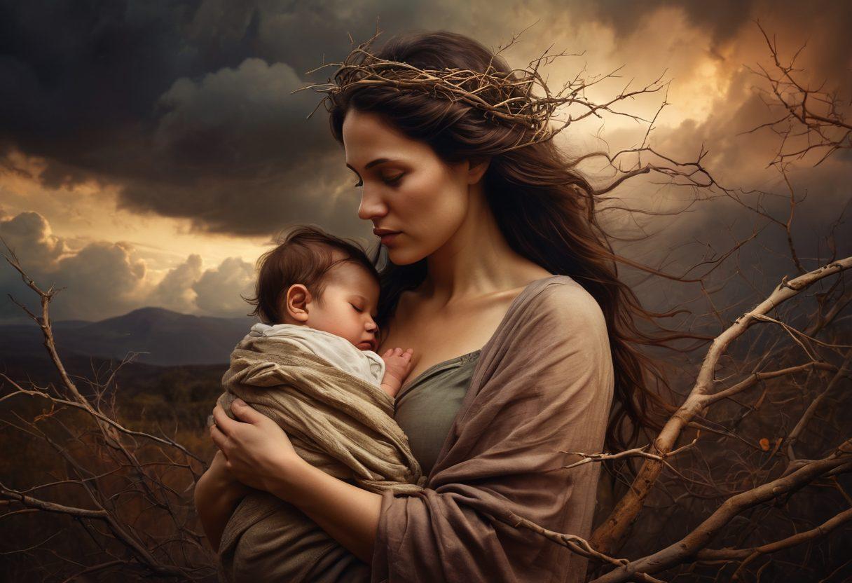 A contrasting portrayal of maternal love, featuring a nurturing mother holding her child surrounded by soft, warm colors on one side, while the other side depicts shadows and darker elements like stormy clouds and tangled thorns symbolizing complexity. The scene should evoke both tenderness and tension, with intricate details highlighting the duality of love. surreal art. rich textures. moody lighting.