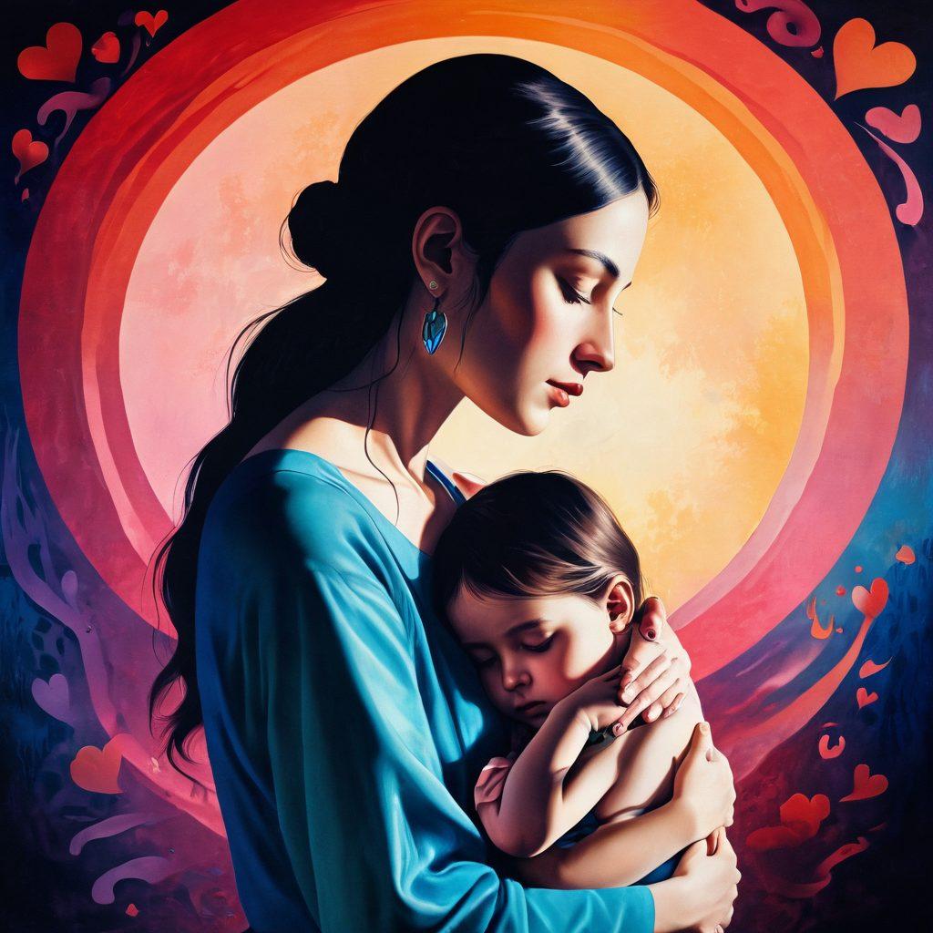 A serene scene depicting a mother and child in a tender embrace, surrounded by a rich tapestry of emotional symbols such as hearts, intertwined hands, and subtle shadows that suggest depth and complexity. The background showcases a gradient from soft pastels to deeper hues, illustrating the multifaceted nature of maternal relationships, blending love, intimacy, and the shadows of taboo. surrealistic. vibrant colors. soft focus.